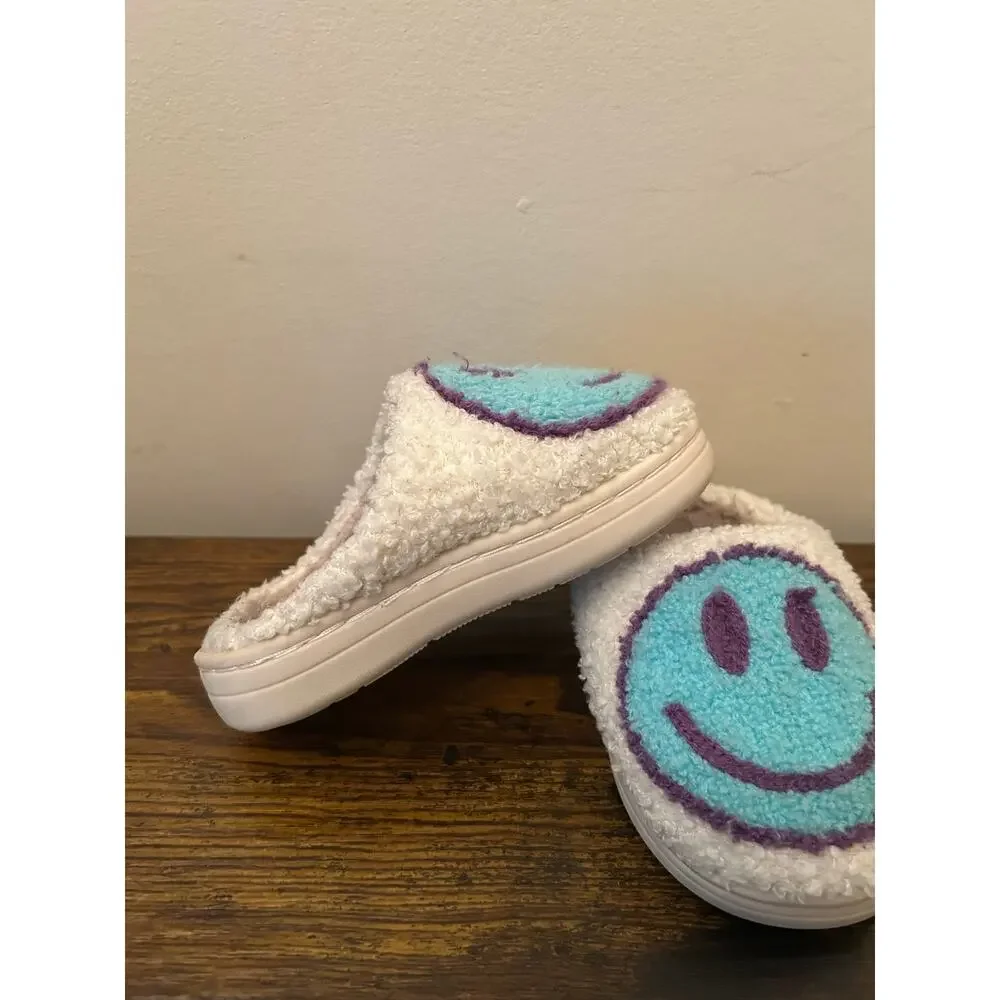 Retro Fuzzy Smiley Face Slippers Cream Teal Turquoise Purple Kids Sz 9.5 Cozy